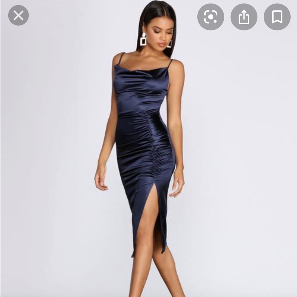Ruched Satin Midi Dress (Navy)